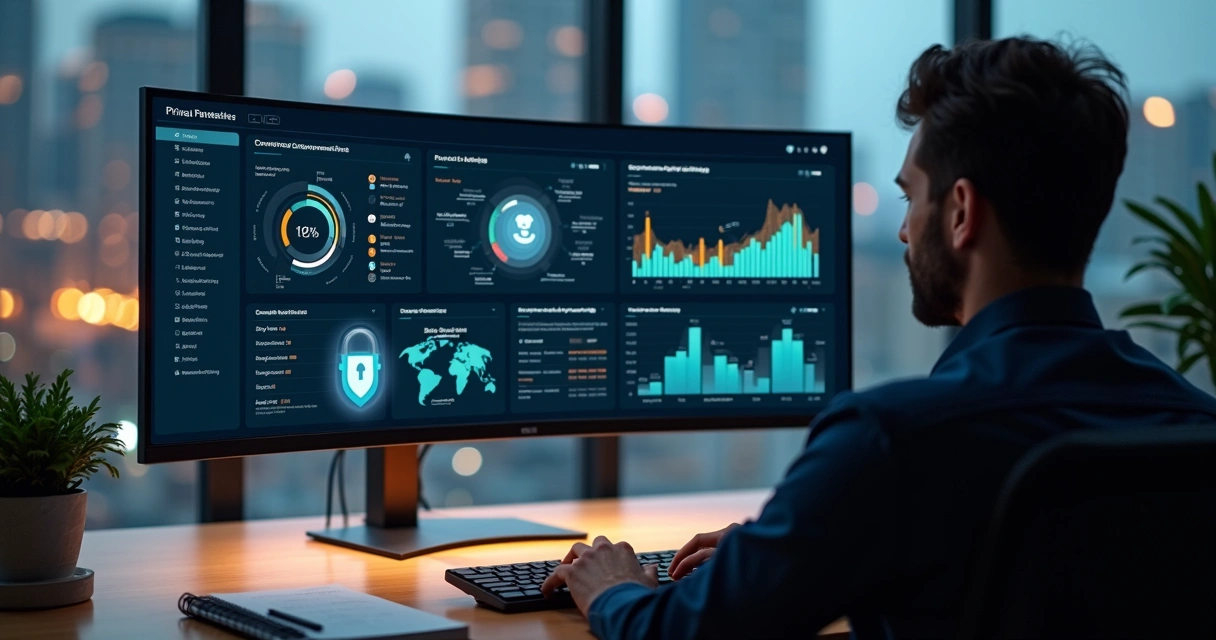 Empresário analisando painel de dados com ícones de cadeado representando privacidade 
