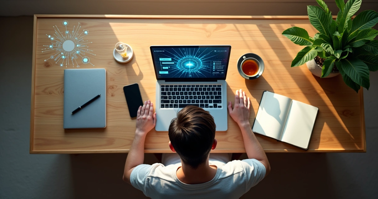 Pessoa em mesa de madeira dividida entre tecnologia e natureza 