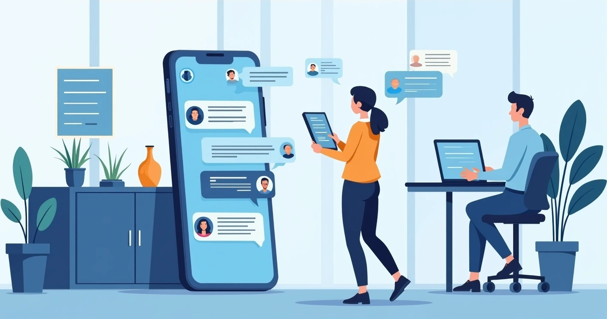 Ilustração de agente digital via WhatsApp interagindo e cumprimentando cliente pelo nome, mostrando gráficos de satisfação, em cenário corporativo moderno 