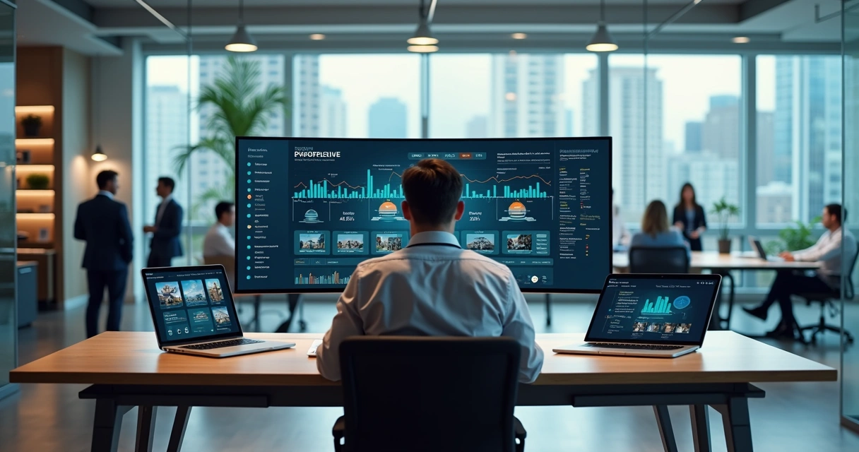 Corretor analisando pipeline de vendas imobiliárias em tela com inteligência artificial 