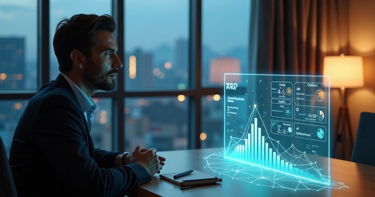 Profissional brasileiro vendo mesa de planejamento financeiro com hologramas de inteligência artificial 