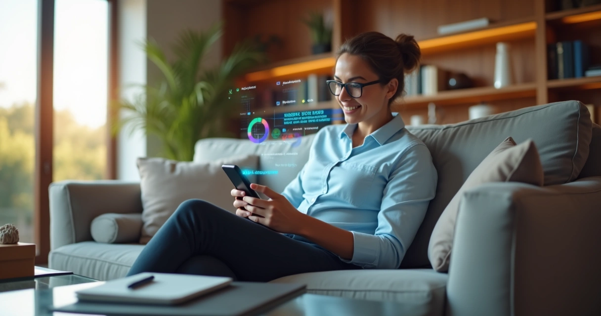Cliente sorrindo em sofá recebendo suporte pós-venda em smartphone com interface de IA 