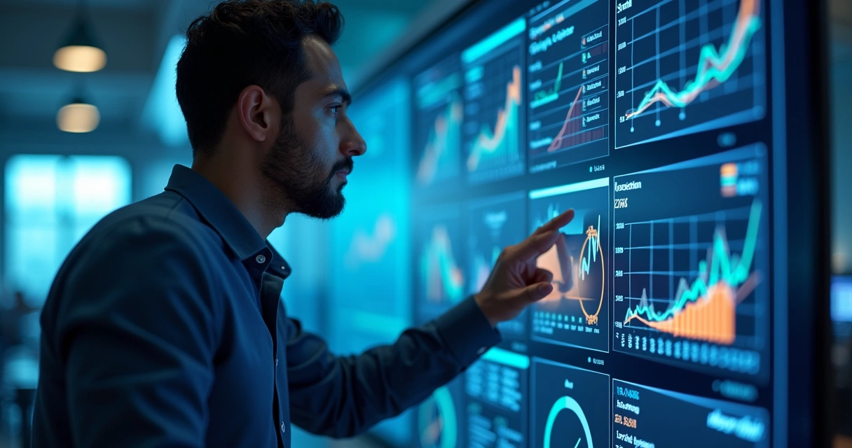 Engenheiro ajustando IA preditiva em gráfico de crescimento 