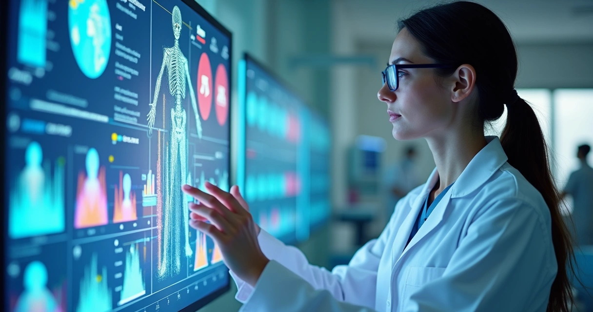 Médico observando uma tela com dados preditivos de saúde em 3D 