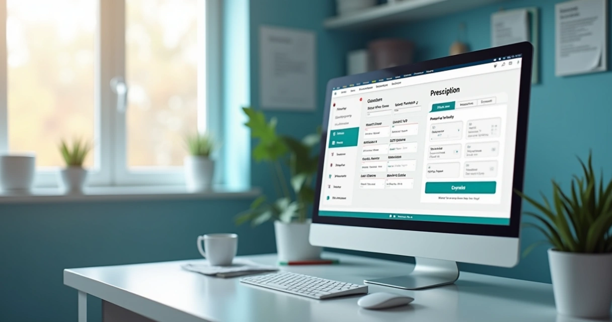 Tela de computador mostrando prescrição médica digital por IA, ambiente de clínica moderno, luz suave 