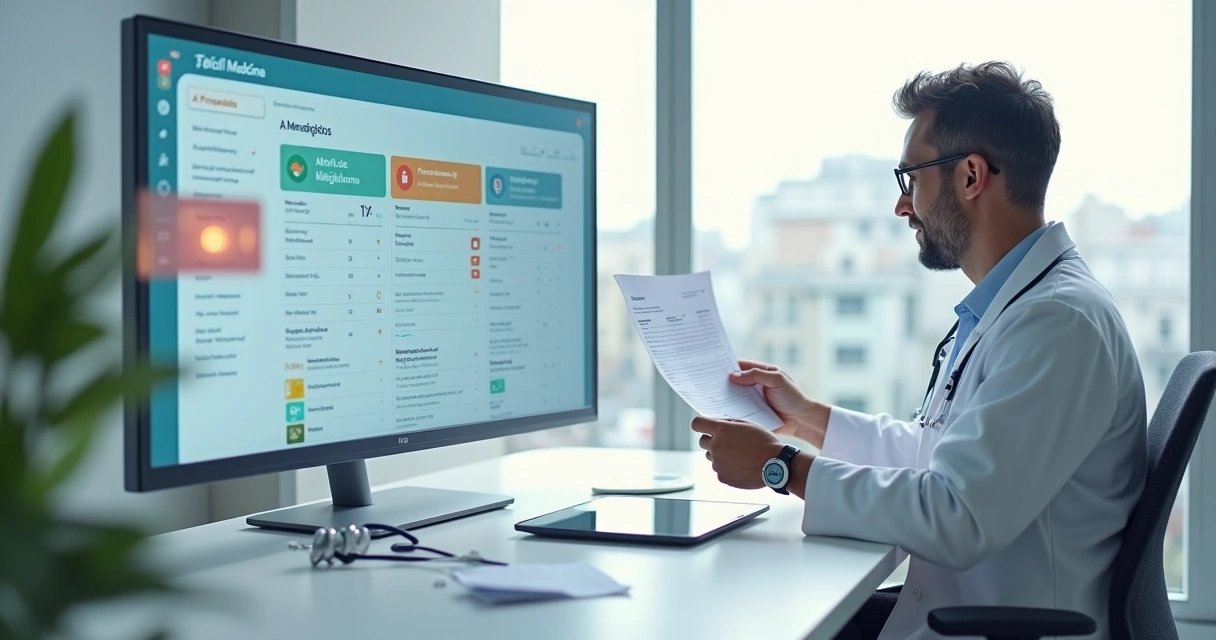 Médico segurando receita ao lado de tablet com prescrição digital e ícones de inteligência artificial 