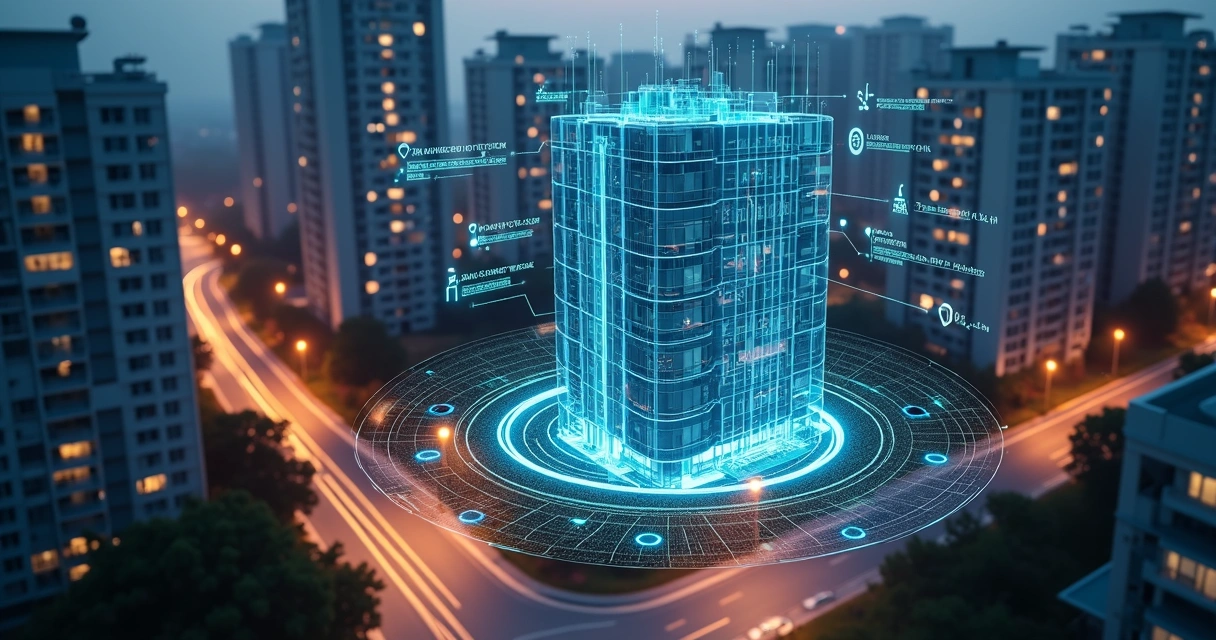 Visualização digital de prédio residencial sendo analisado por inteligência artificial para detectar lavagem de dinheiro 