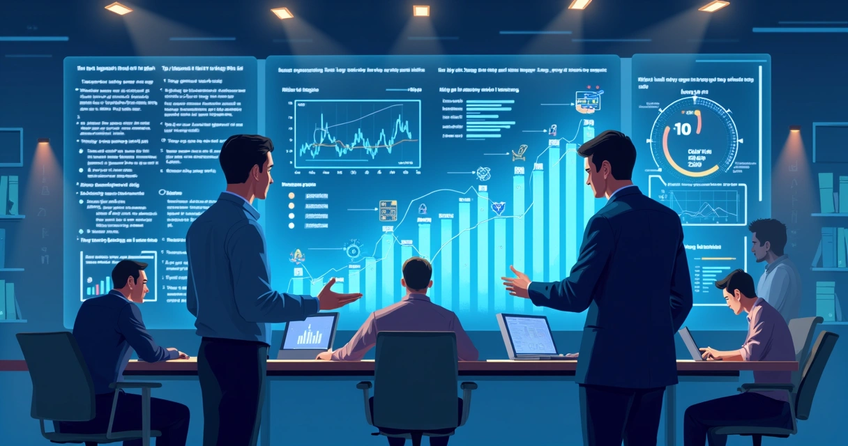 Tela mostrando sistema de IA prevendo cenários futuros para negócios, com gráficos ascendentes 