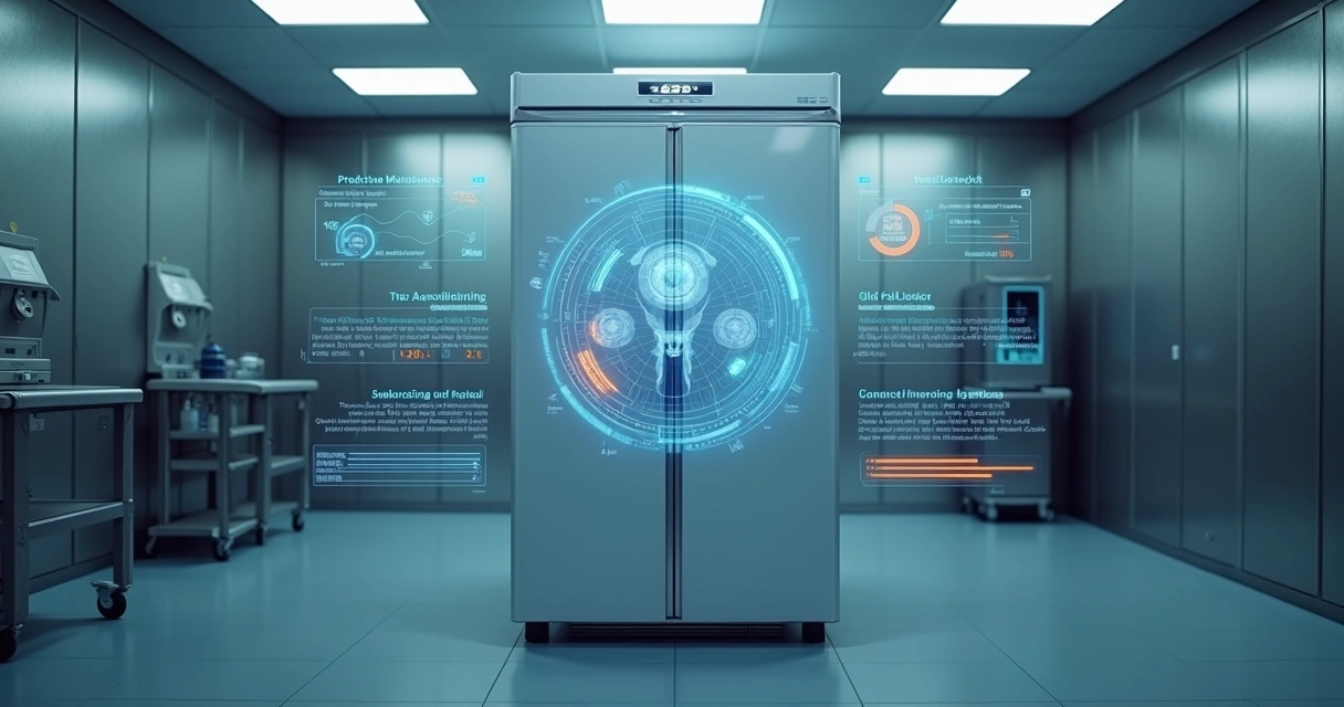 Radiografia digital de um freezer hospitalar exibindo dados preditivos de manutenção 