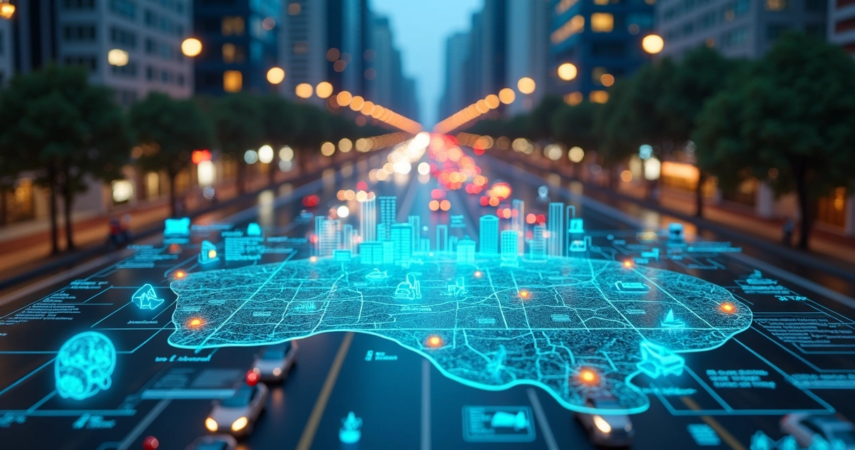 Painel holográfico com previsões de pedidos de delivery sobre cidade ao anoitecer 