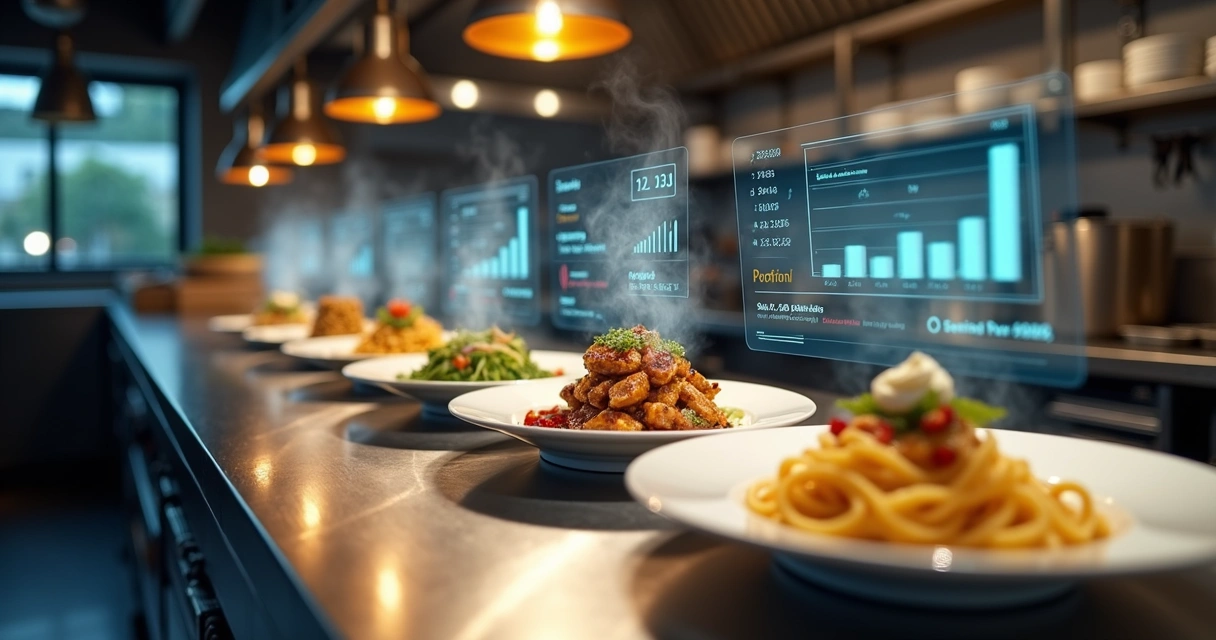 Cozinha de restaurante vista de cima com pratos alinhados e gráficos de demanda flutuando acima 