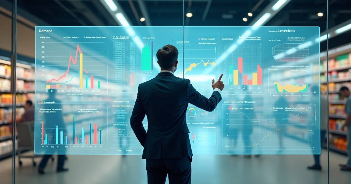 Gestor de varejo analisa previsões de demanda em painel com gráficos de vendas 