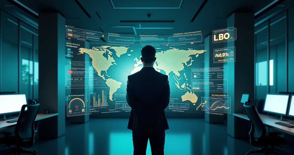 Analista financeiro observa painel 3D com inteligência artificial prevendo risco de inadimplência 