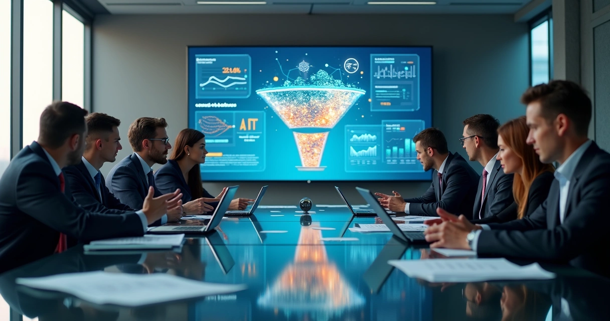 Profissionais em sala de reuniões analisando tabela de conversão projetada com gráficos e ícones de IA 