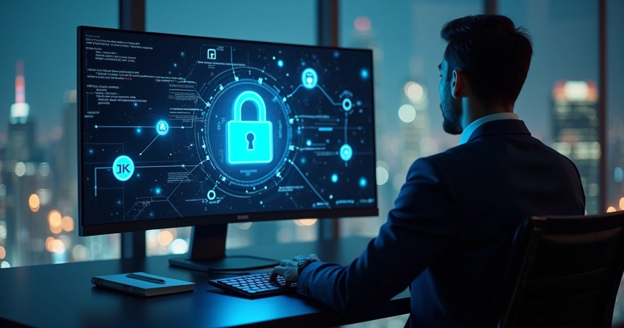 Executivo analisa painel de dados protegidos por cadeado digital 