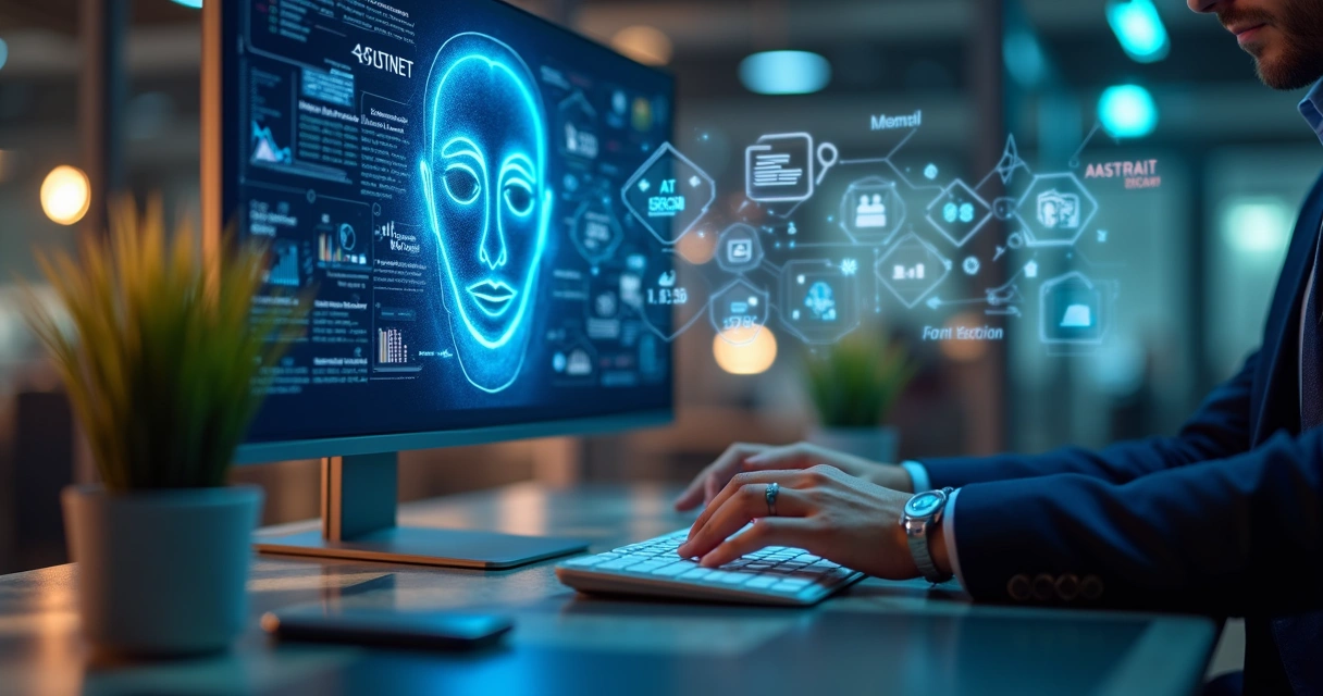IA analisando gráficos e documentos digitais em um monitor