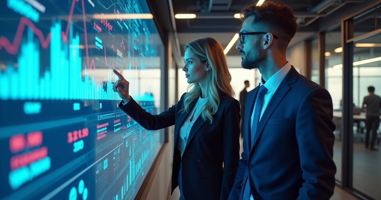 Equipe de vendas usando painel digital com gráficos de vendas e algoritmos de IA 