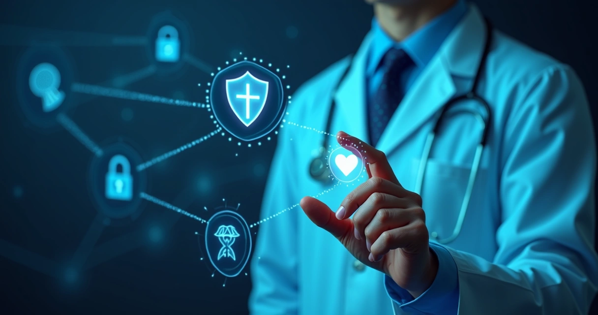 Ícones de segurança digital protegendo dados médicos 