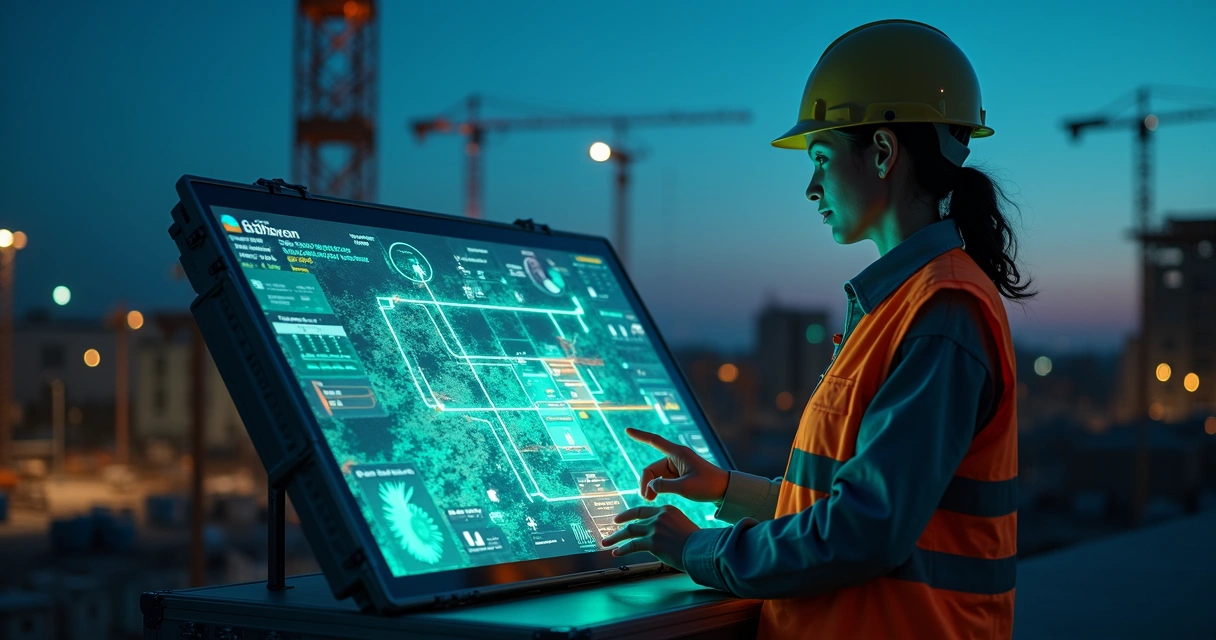 Engenheira analisa projeção da obra em formato de labirinto com caminhos destacados por IA 