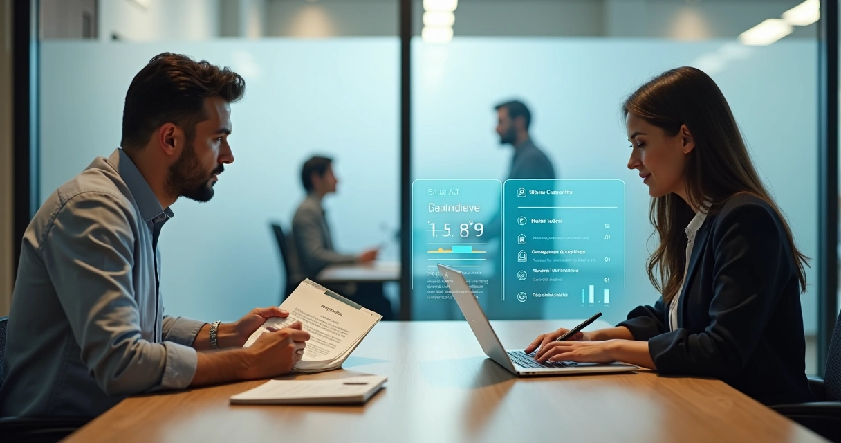 Gestor avaliando candidato com painel digital de IA no recrutamento 