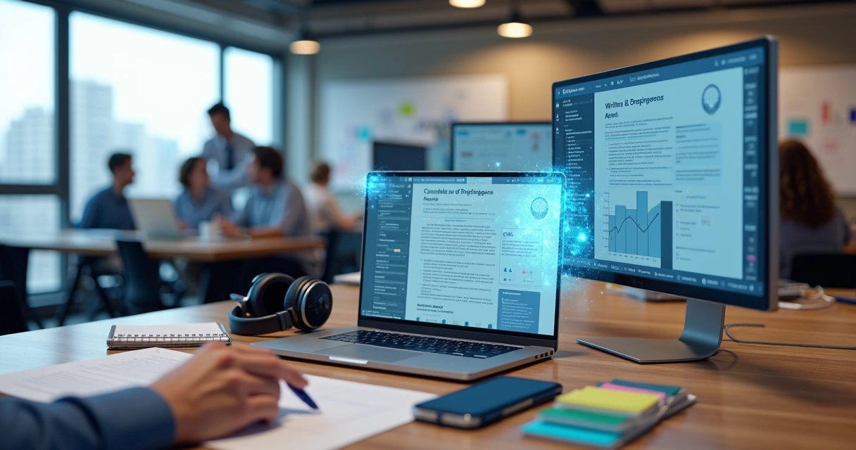 Profissional de marketing usando IA na redação de conteúdo em agência digital 