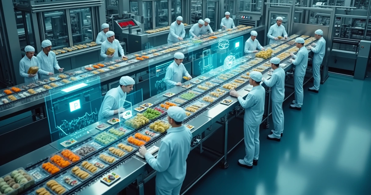 Linha de produção de alimentos vista de cima com projeções de IA destacando desperdícios 