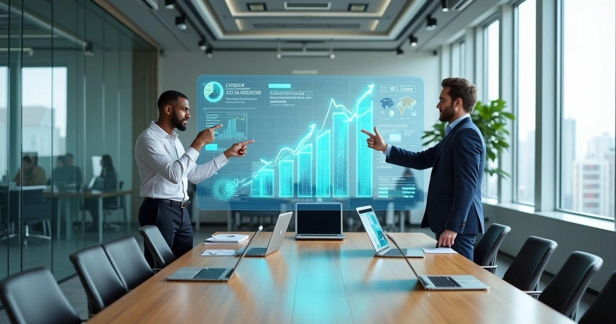 Executivos analisando painel digital com gráficos de produtividade e economia de custos 