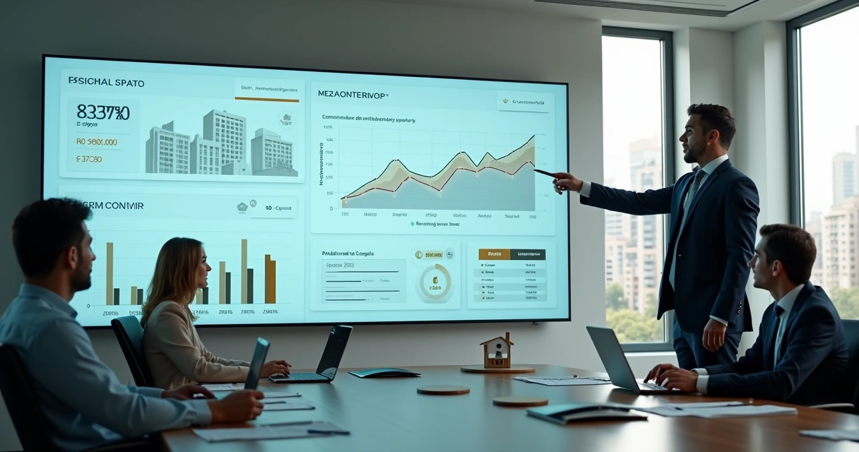 Gestor imobiliário analisando painel de dados de inadimplência com ícones de inteligência artificial 