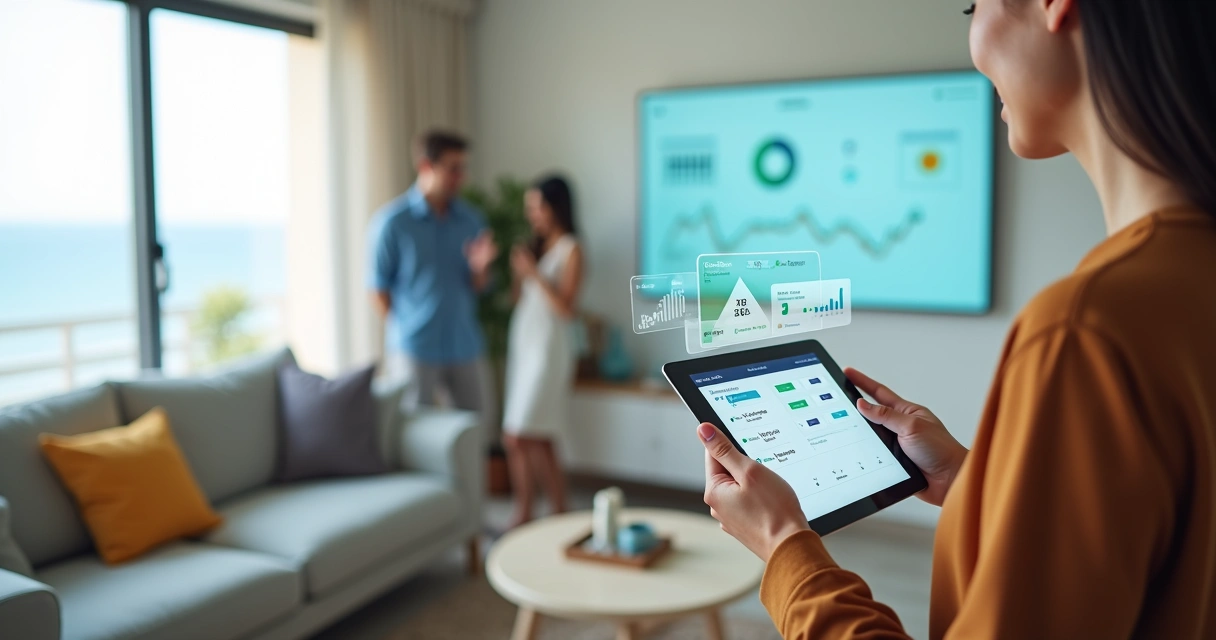 Corretor usando tablet com visitante em imóvel de temporada e painel de dados de IA ao fundo 