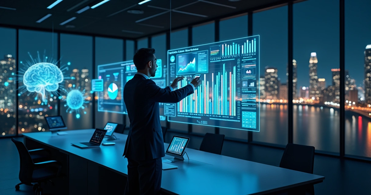 Executivo ajustando painel digital de relatório de vendas controlado por IA 