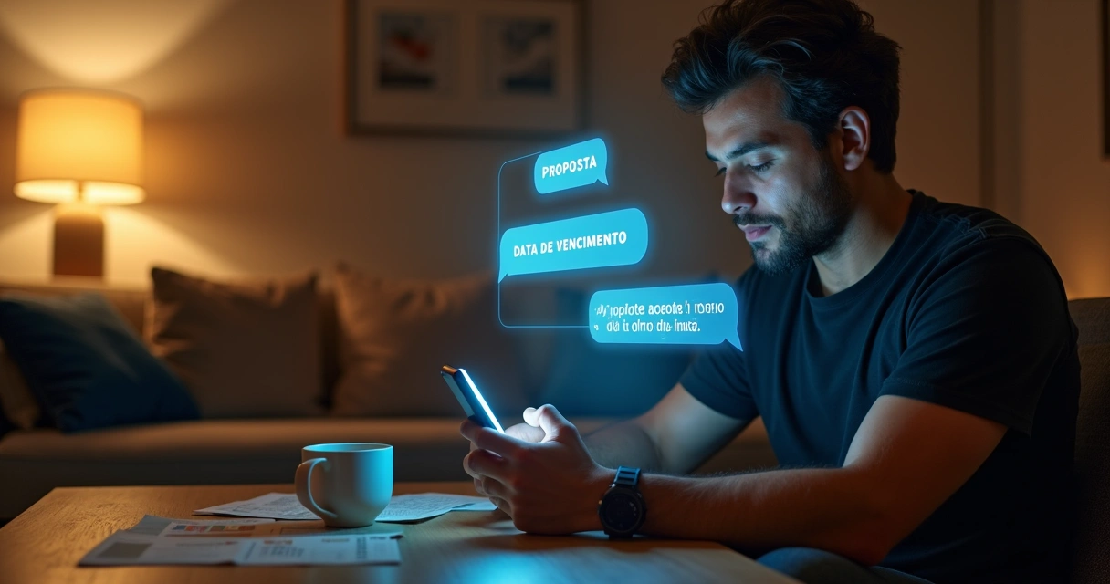 Adulto olhando holograma de conversa de renegociação de dívida com IA no celular 