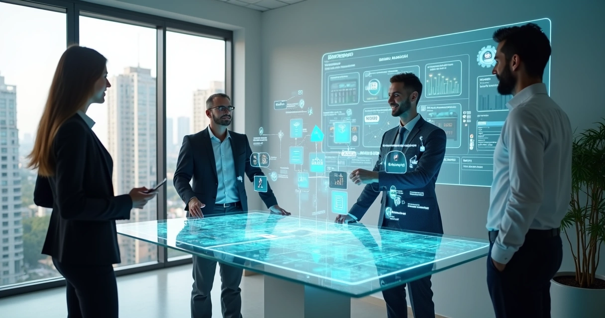 Equipe imobiliária observando painel digital com propostas sendo repassadas por inteligência artificial 