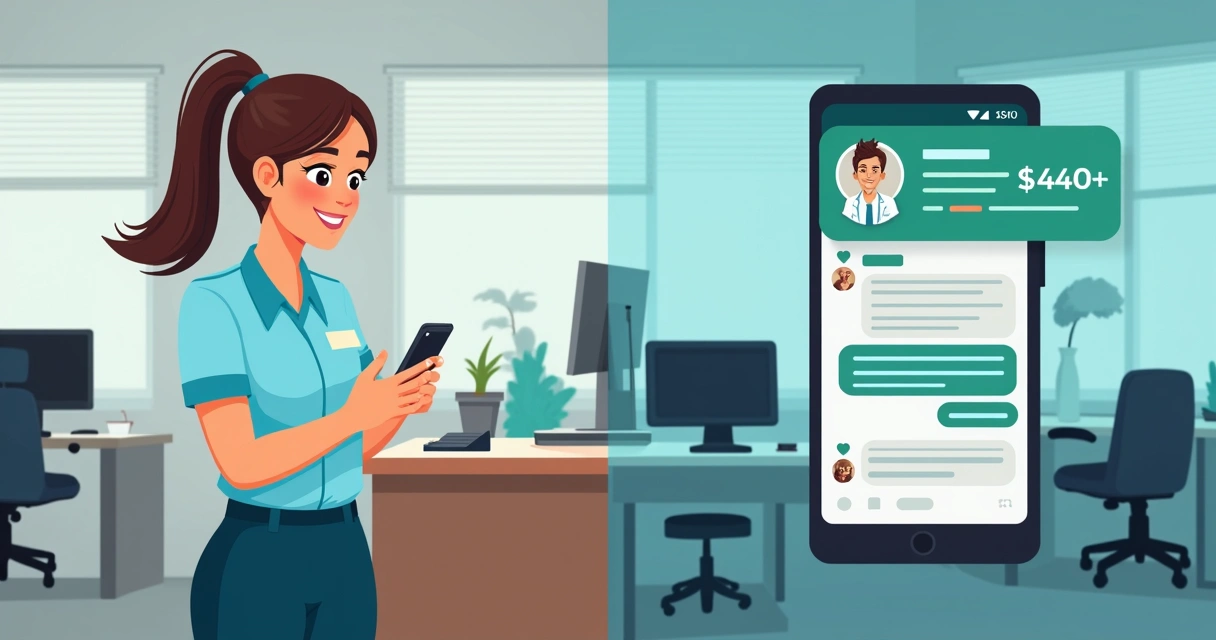 Ilustração mostrando chatbot odontológico respondendo lead em 4 segundos no smartphone, enquanto recepcionista tradicional aparece lenta ao fundo. 