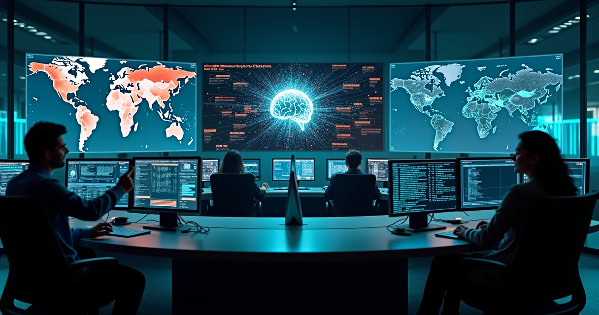Central de segurança cibernética com IA analisando ataque em tempo real 