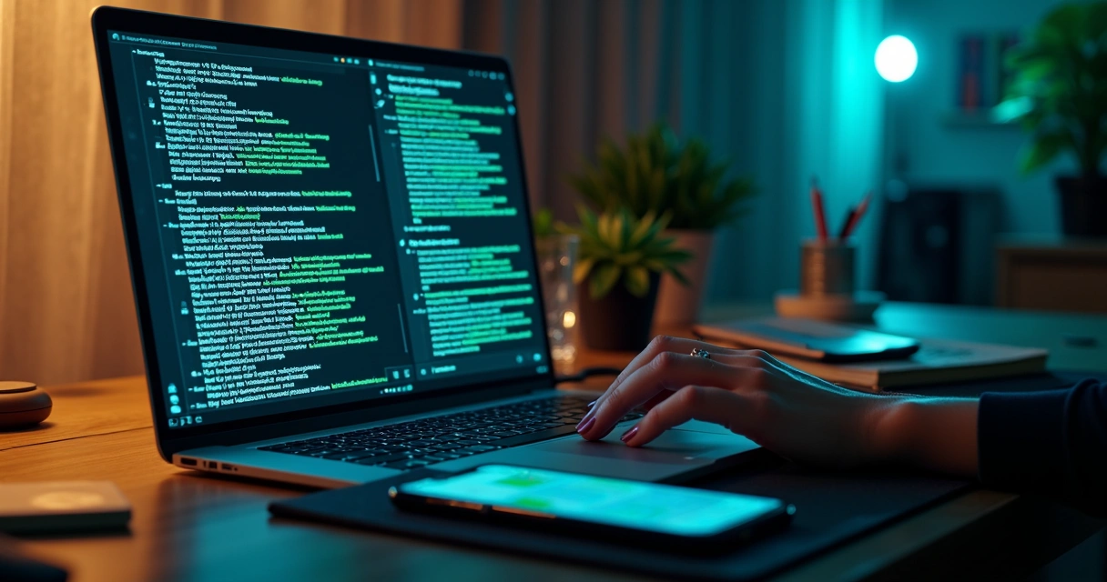 Assistente de IA em laptop transformando longo chat de WhatsApp em resumo organizado 