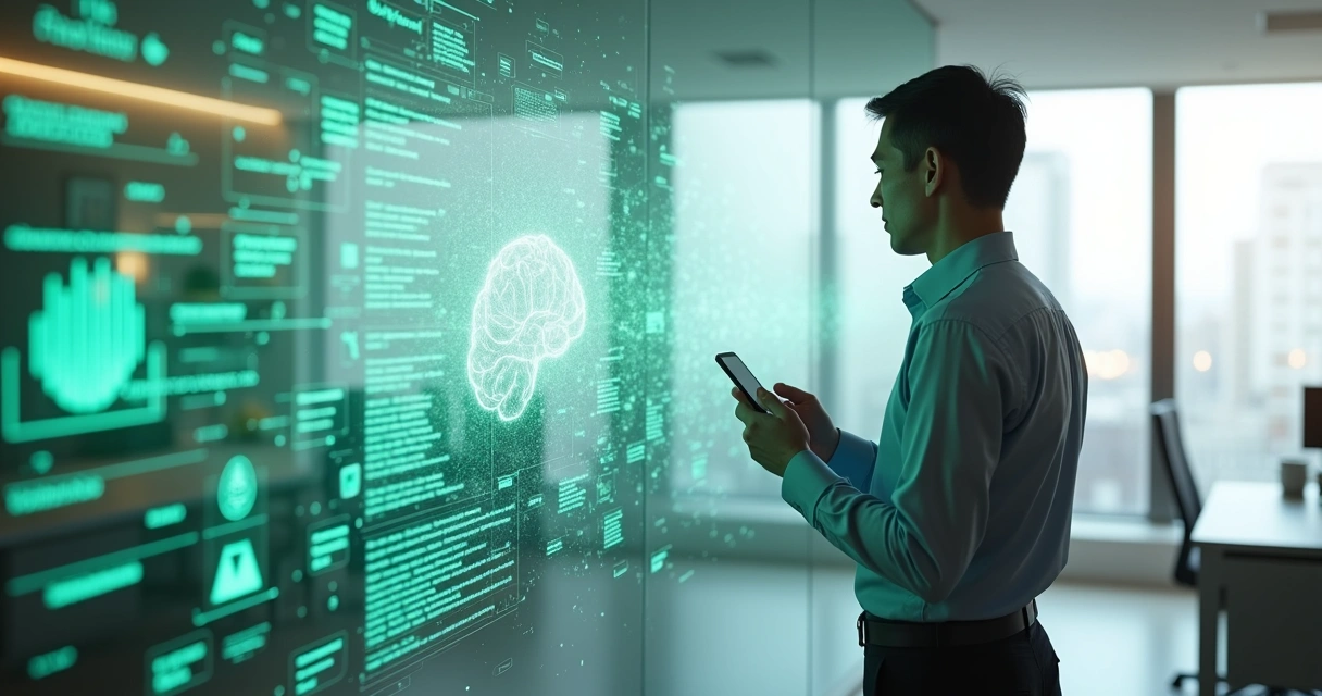 Profissional frente a parede com conversa de WhatsApp se transformando em resumo organizado 