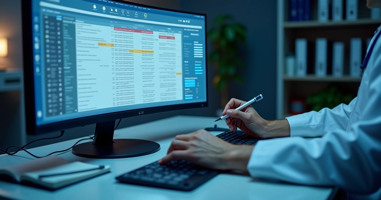 Interface de inteligência artificial destacando inconsistências em prontuário médico digital 