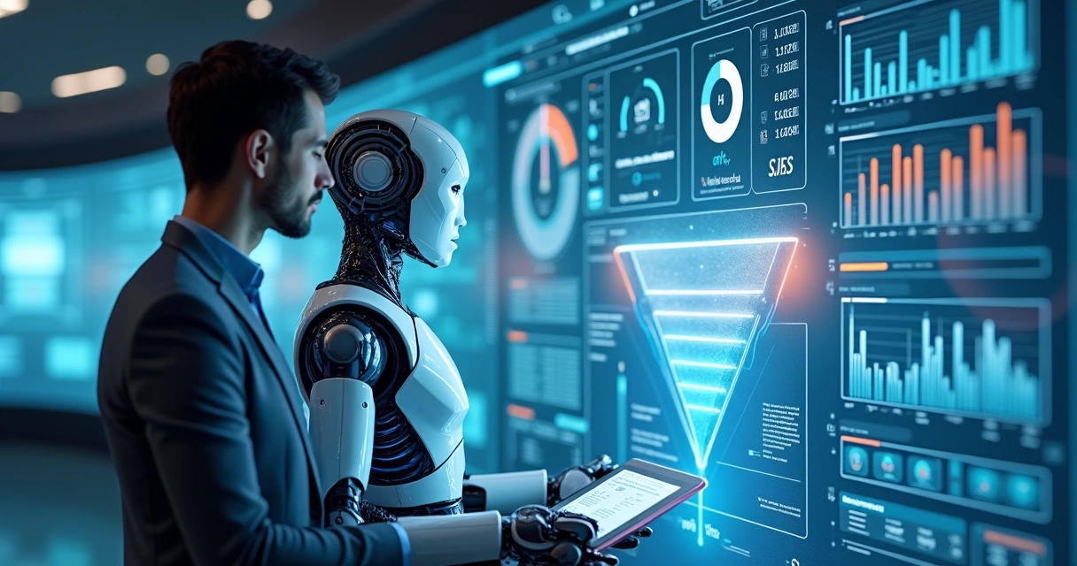 Robô e humanos analisando juntos dashboard de vendas, gráficos e funil digital