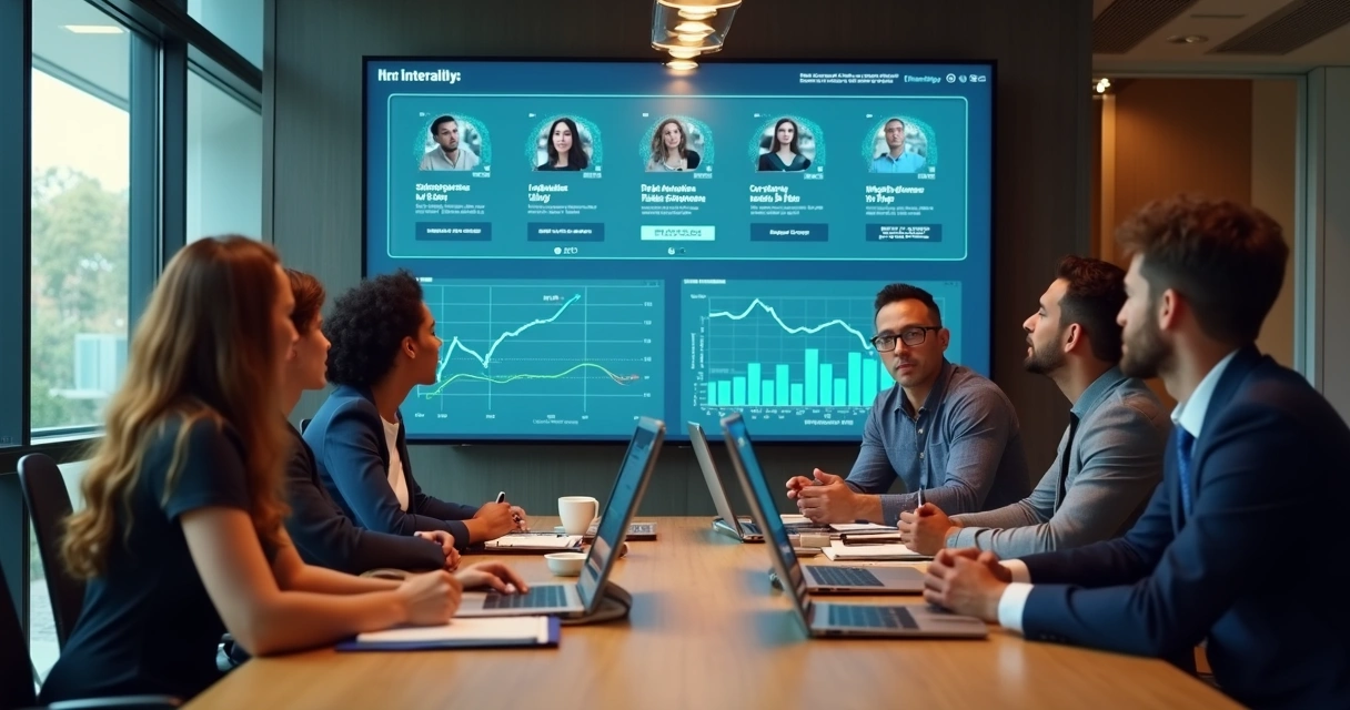 Equipe de RH analisando perfis em tela de IA 
