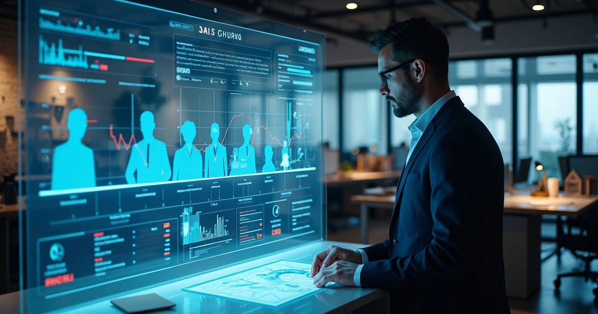 Gestor imobiliário analisa gráfico preditivo de rotatividade de corretores em tela futurista 