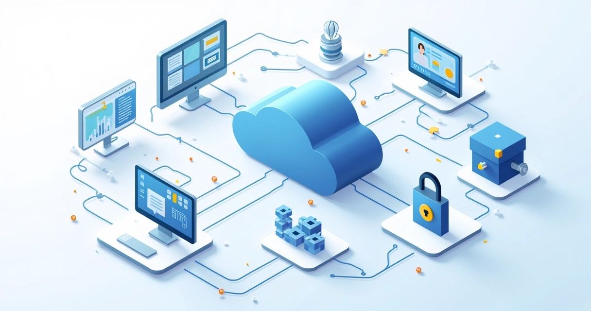 Ilustração corporativa mostrando integração de inteligência artificial em sistemas SaaS com elementos digitais e gráficos 