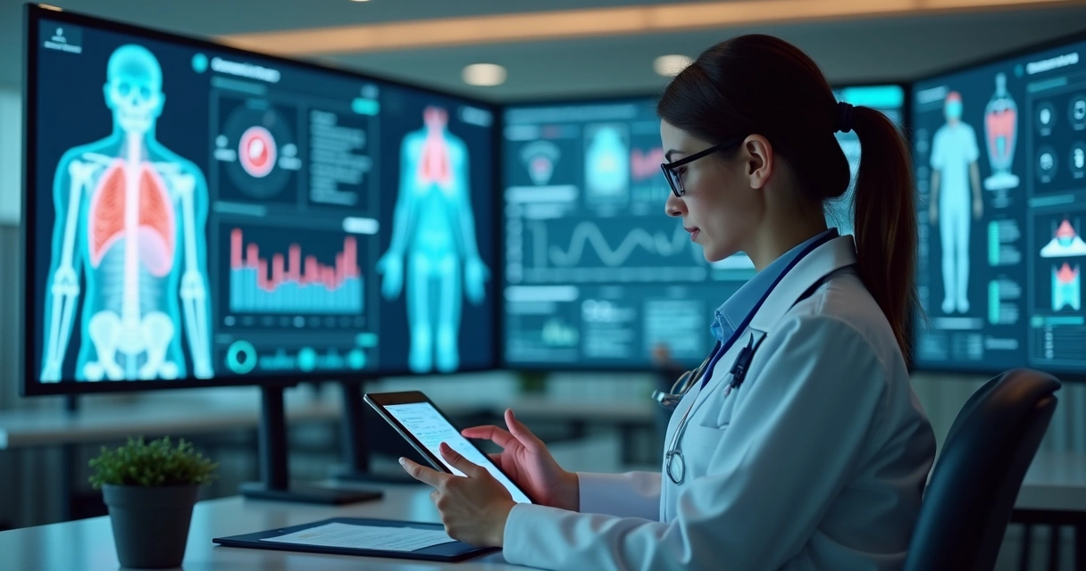 Médico analisando dados de paciente em tablet 