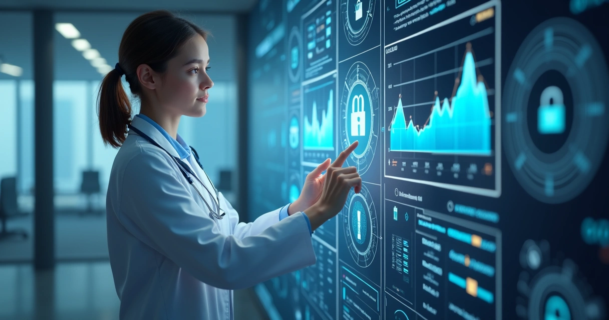 Médico analisando dados em tela digital e executivo financeiro usando painel de IA 