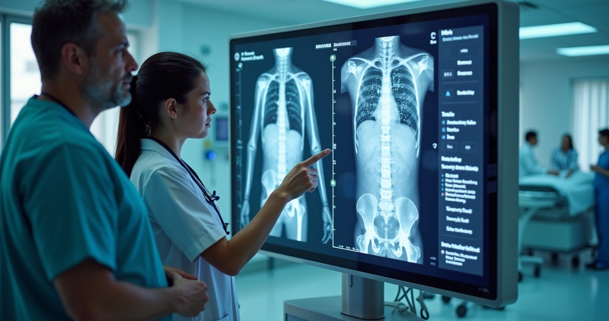 Profissionais de saúde analisando exame com apoio de tela digital de IA
