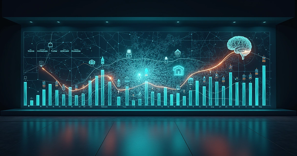 Mapa de cidade com ícones de imóveis conectados a gráficos de sazonalidade e preços 