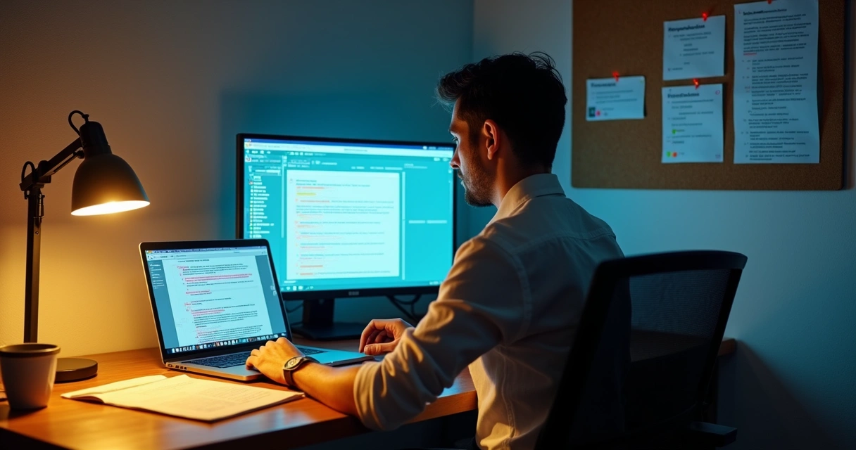 Gestor de vendas ajustando script no laptop com burndown de conversas ao fundo 