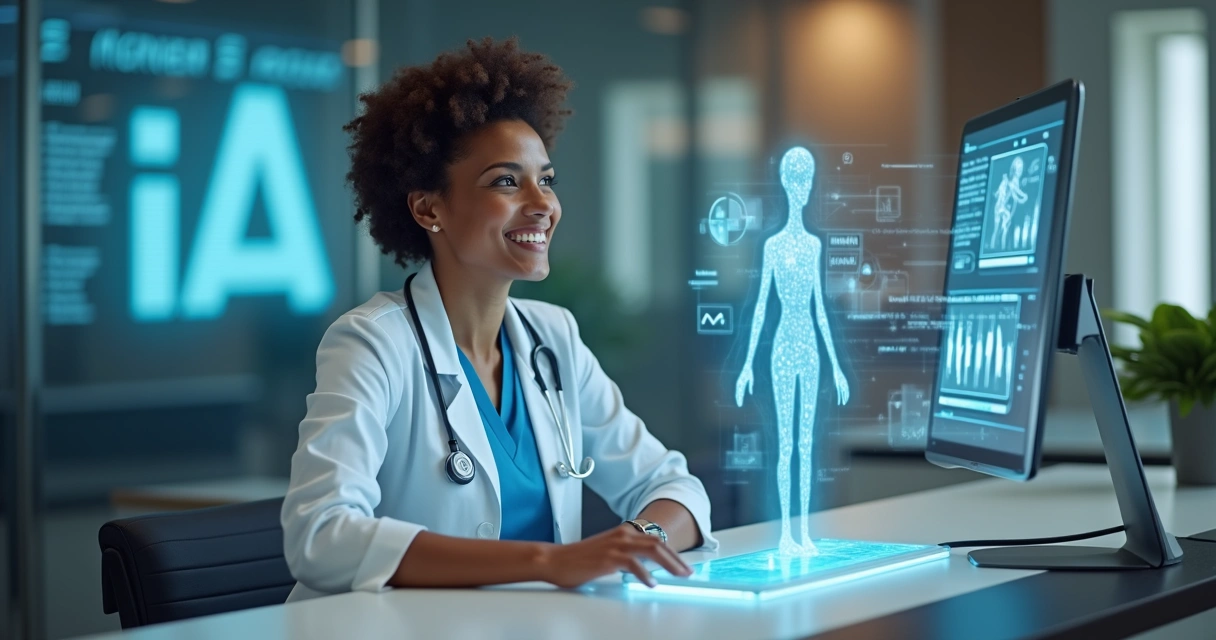 Recepcionista sorrindo interagindo com painel digital e IA representando agendamento automatizado 