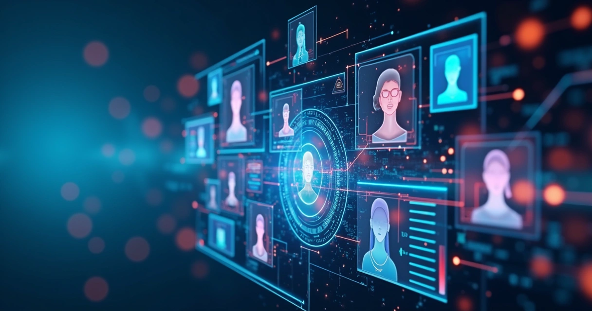 Representação digital de segmentação de público com gráficos e rostos em fundo tecnológico azul 