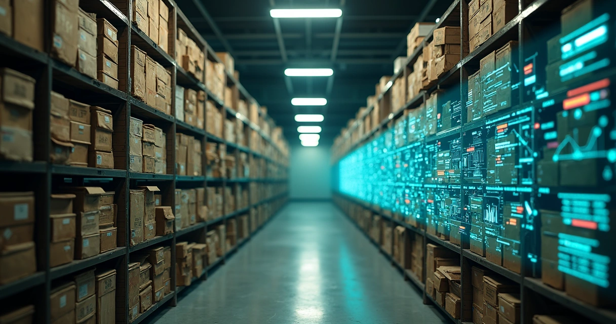 Sala com estantes de arquivos físicos se transformando em dados de sensores digitais 