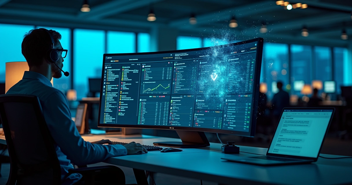 Analista de TI em central de suporte monitorando chamados com assistente virtual de IA ao lado 